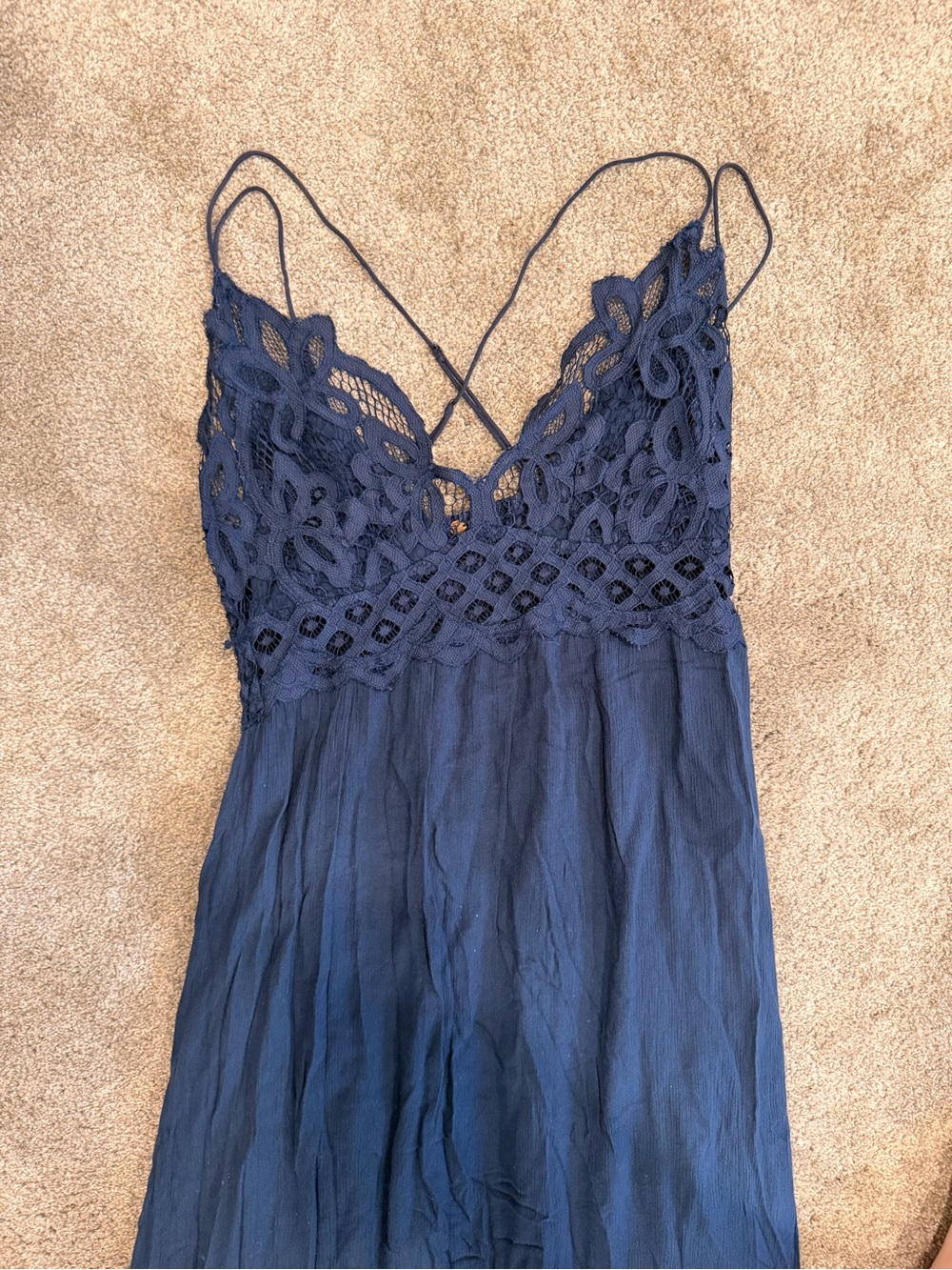 Free People Navy Crochet Lace Open Back Maxi Slip Dress Medium Boho - Picture 2 of 3